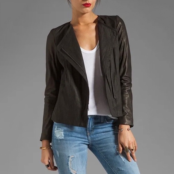 Vince genuine lamb leather sleeve jacket black coat asymmetric zip moto 12 - Picture 5 of 16